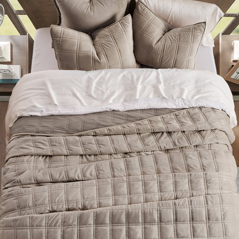 Double Box Stitch Velvet Quilt set, Mocha Brown, Queen Quilt + 2 Queen Shams
