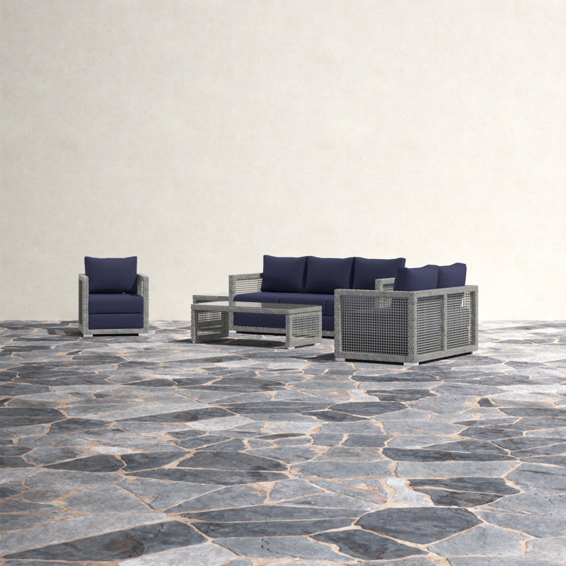 Aura 6 Piece Outdoor Patio Wicker Rattan Set, Navy