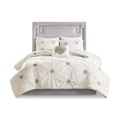 4 Piece Embroidered Cotton Duvet Cover - Full/Queen, Shabby Chic Style, Embroidery And Medallion Pattern, Includes Cover, 2 Shams 1 Decorative Pillow, Easy To Care For Full/Queen Reversible Piece,