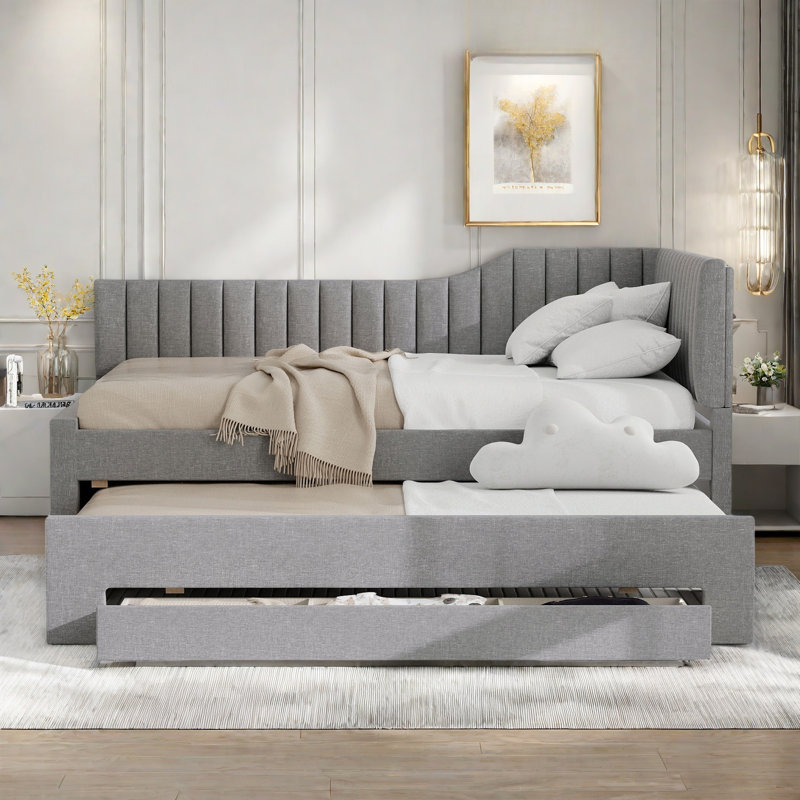 Upholstered Daybed With Trundle, Three Drawers And Vertical Striped Design, Gray, Full/Double