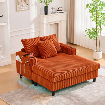 Chaise longue surdimensionnée en velours côtelé à assise profonde avec 3 coussins, charge USB, bande lumineuse à DEL RVB, porte-gobelet, poche latérale - convient au salon et à la chambre à coucher