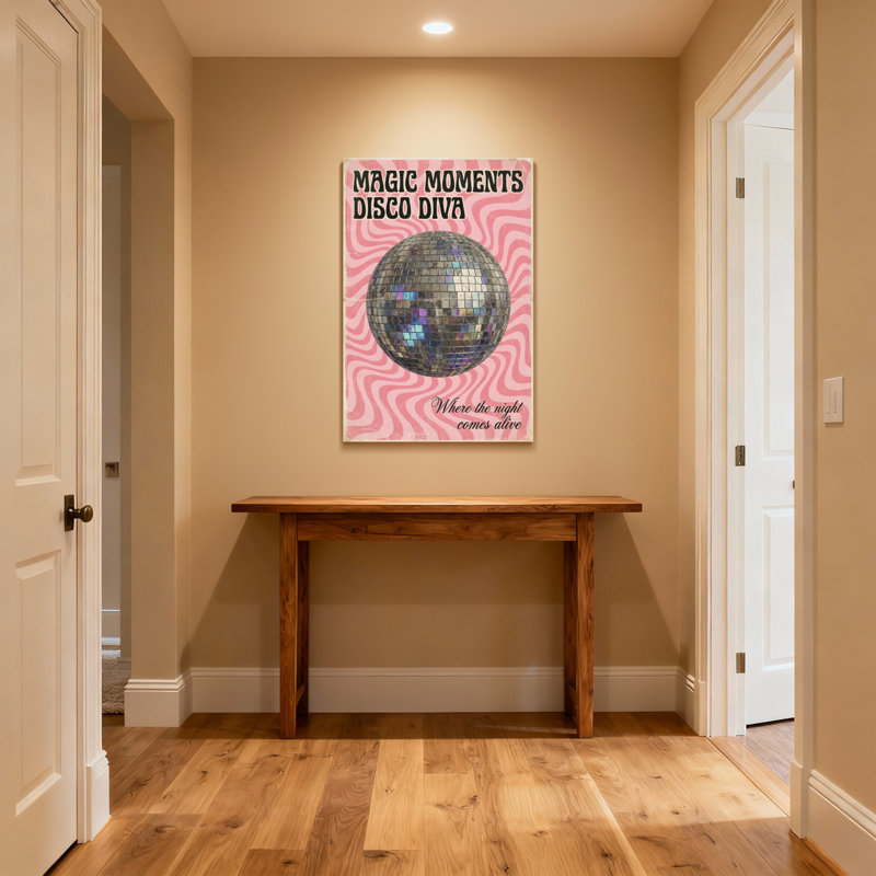 Thème disco à la mode sur fond de tourbillon rose, H 16 po x l 24 po, Toile tendue, Ne s’applique pas