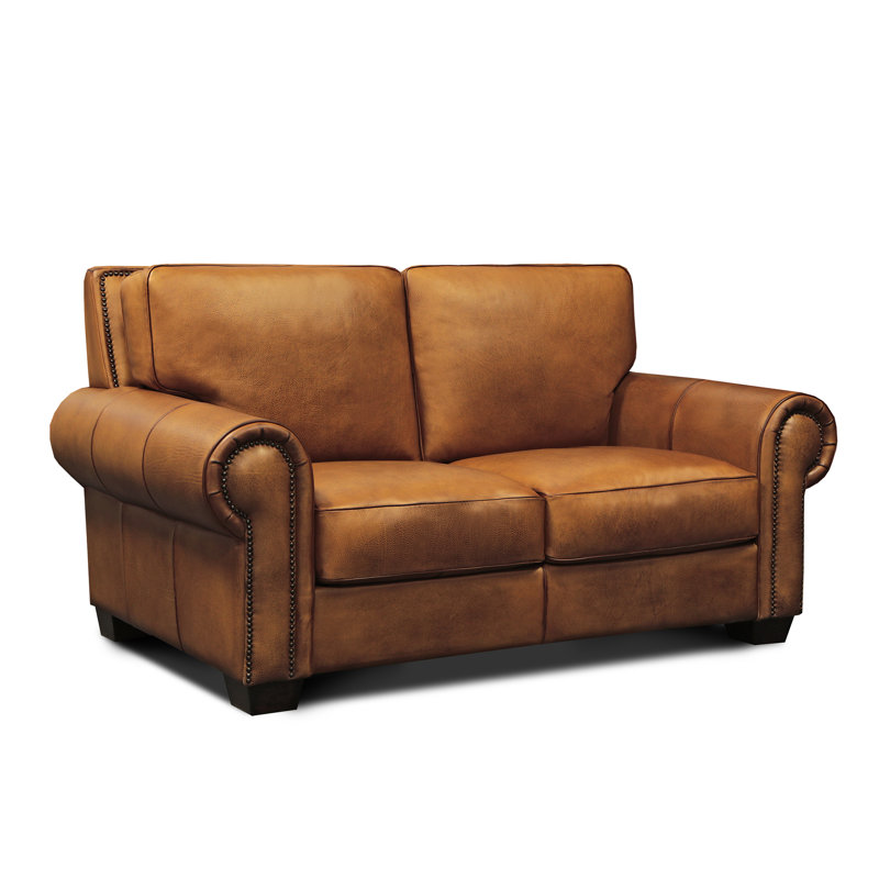 Valencia Transitional 68" Tan Genuine Leather Rolled Arm Loveseat with Nailhead Detail