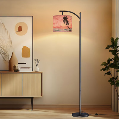 Arc Floor Lamp with Adjustable Lampshade Tropical Palm Tree Colorful Beach Sunset Vibrant Ocean Wave Summer Standing Lamp 3 Color Temperatures Dimmable Tall Pole Lamp with Foot Switch for Bedroom