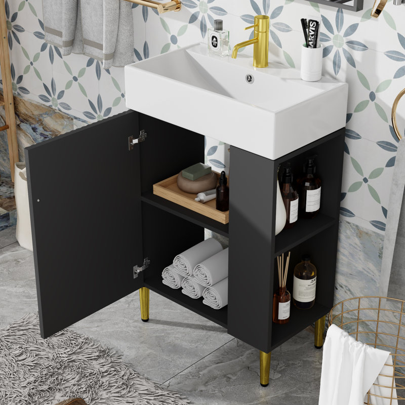 21.6" Single Bathroom Vanity Set With Ceramic Top, Gold, Black