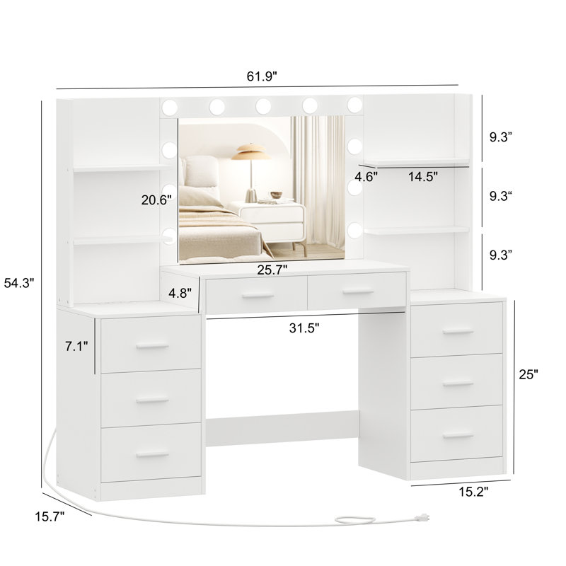 Latitude Run 61.9"W Vanity Desk With Mirror And 3-mode Lights, Makeup Vanity With 8 Drawer, White