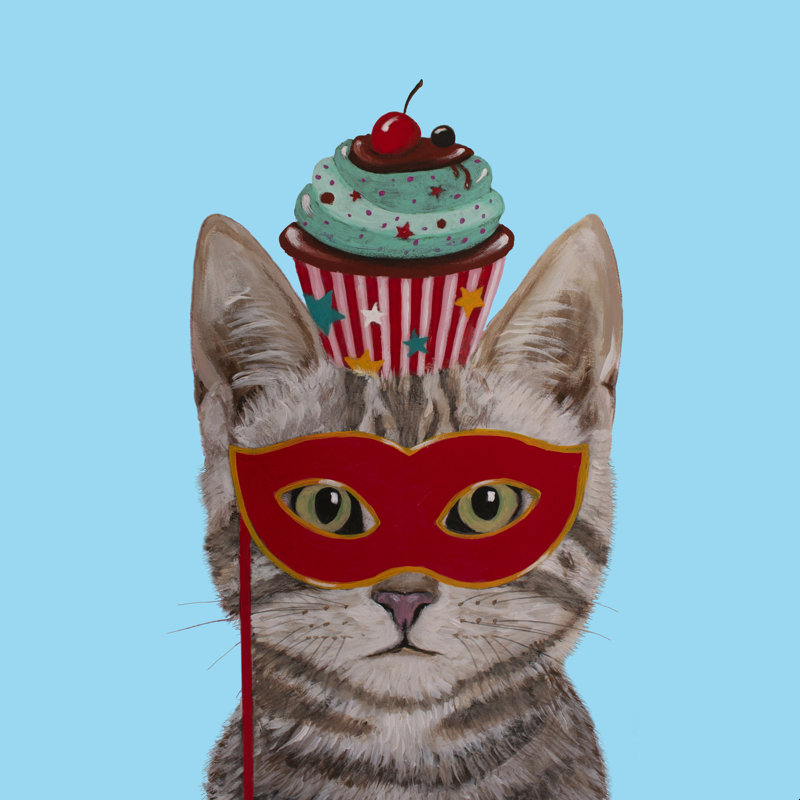 Chat avec petit gâteau par Coco de Paris - impression, H 12 po x l 12 po, Non, Toile tendue