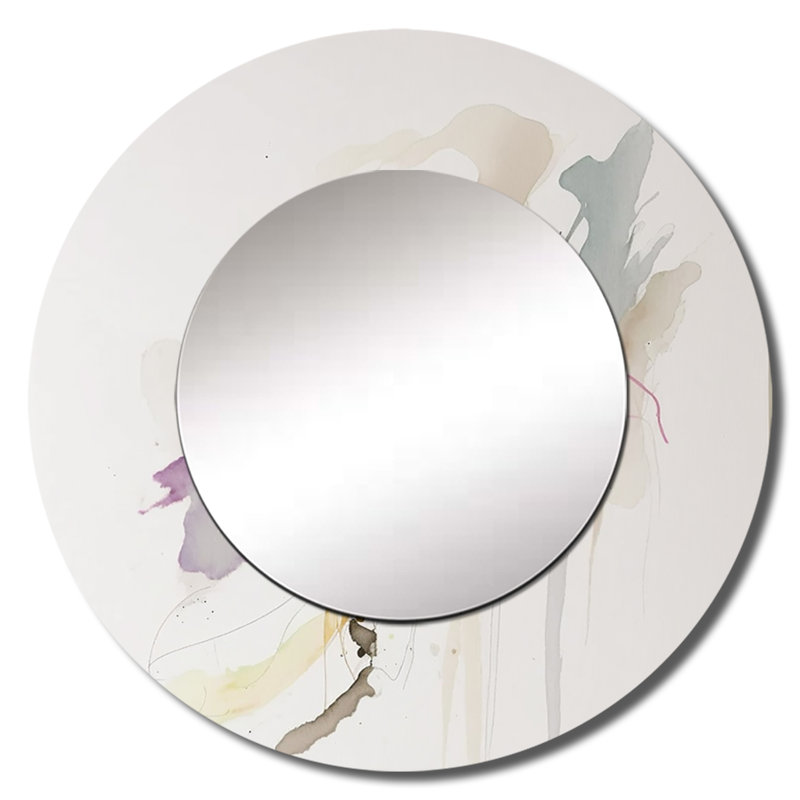 «Touched By Mustard» jaune et ultime gris I - miroir décoratif à encre liquide, grand miroir mural rond jaune, impression d'art en métal