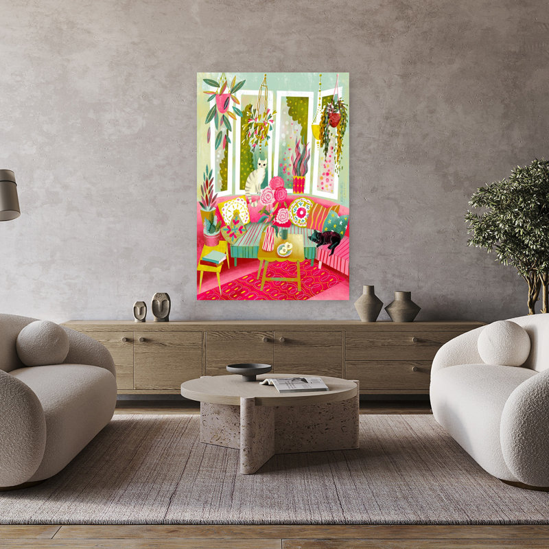 Art contemporain contemporain abstrait coloré, chat et pivoine, H 48 po x l 32 po