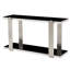 Console minimaliste en verre noir avec cadre miroir argenté, idéale pour l'entrée du salon.