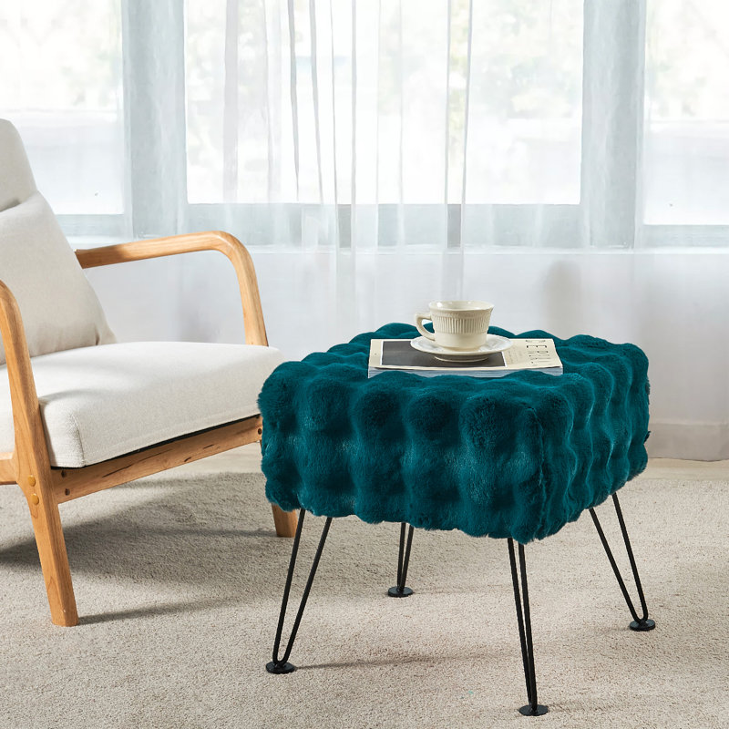 Upholstered Ottoman, Teal Faux Fur