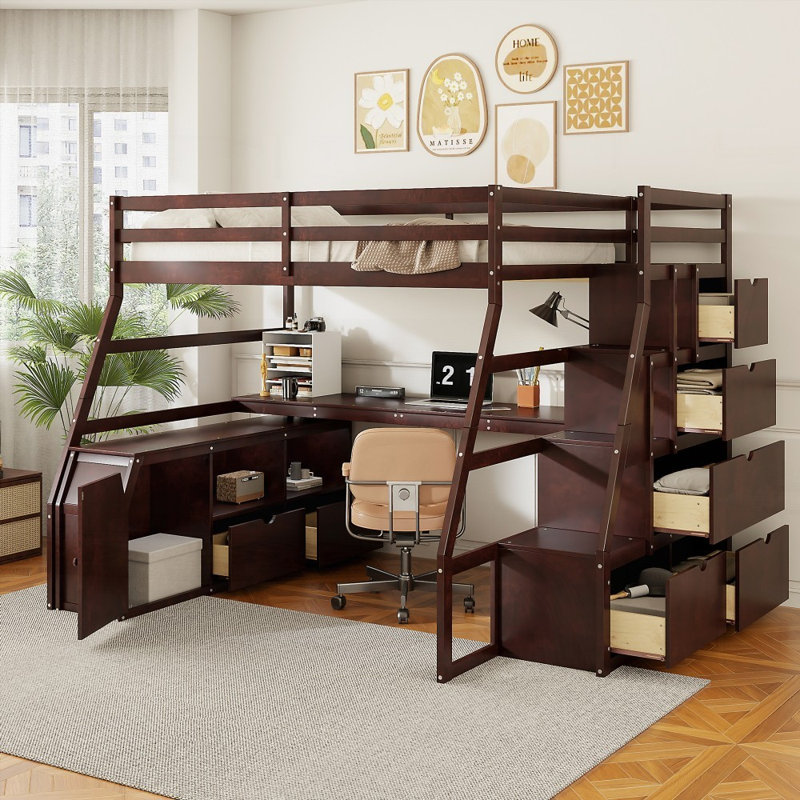 Lit mezzanine double avec 7 tiroirs 2 tablettes robustes Peu encombrant, espresso, Espresso