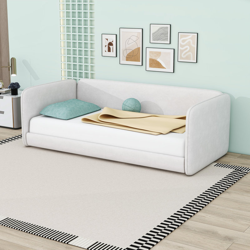 Upholstered Floor Bed with Armrests and Protective Side Rails, Beige