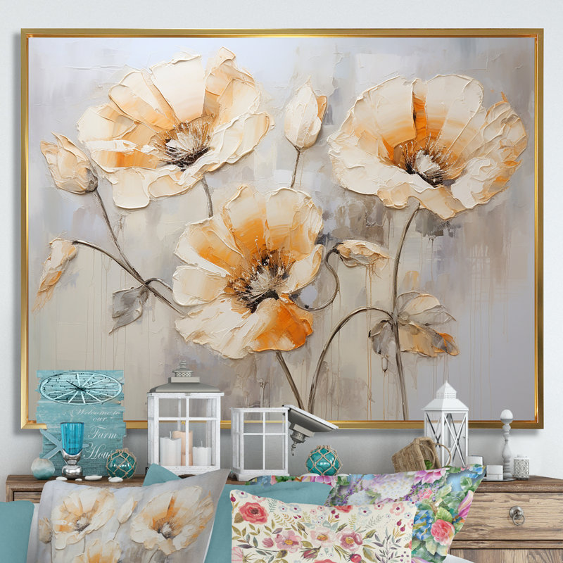 «Beige Poppy Meadow Melody VI» sur toile, Cadre flottant doré, H 16 po x l 32 po
