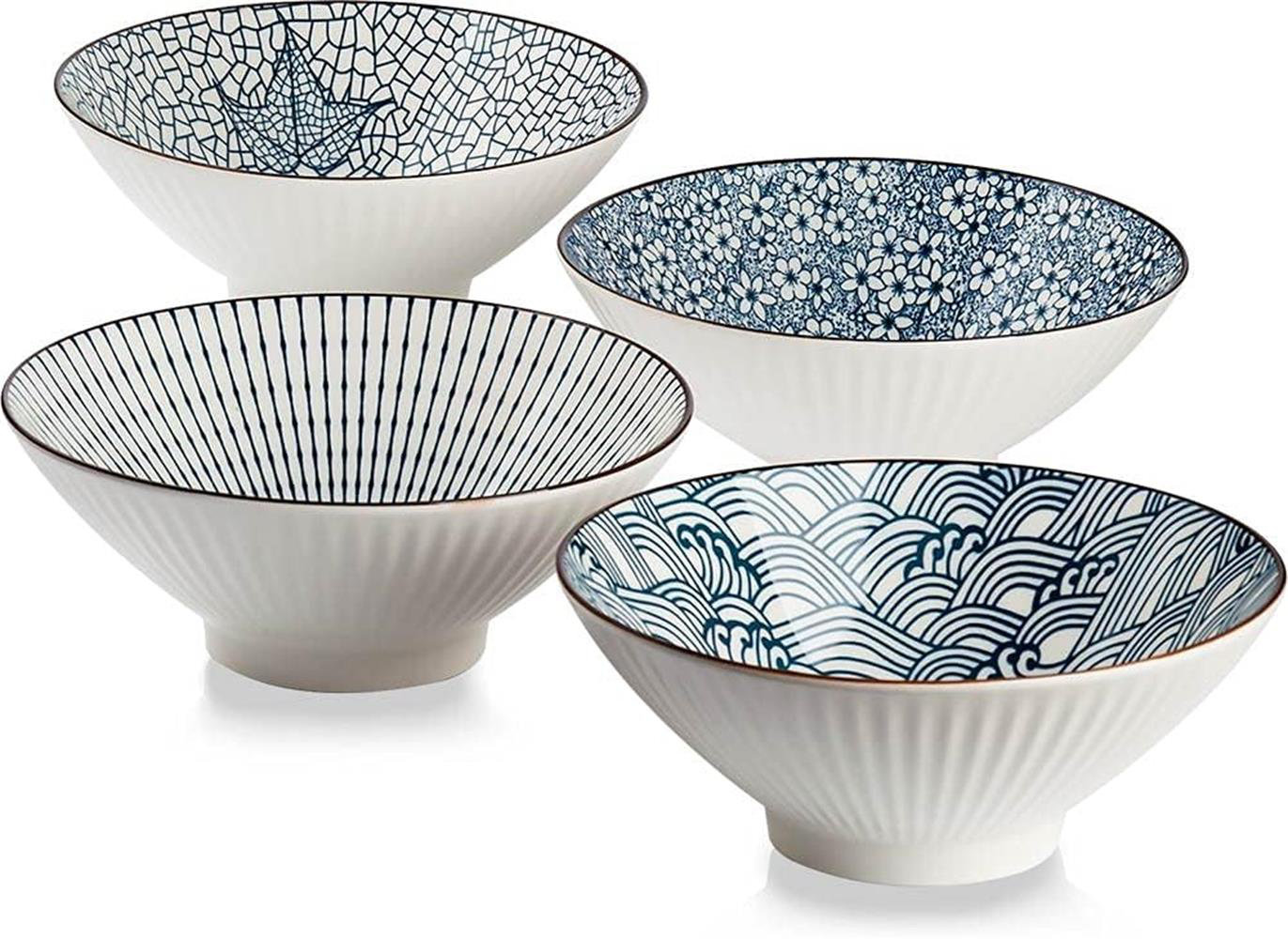 38 Oz Ramen Bowls, Ceramic Set Of 4 For Cereal, Soup, Pho, Noodles - Blue And White, 8 Inches