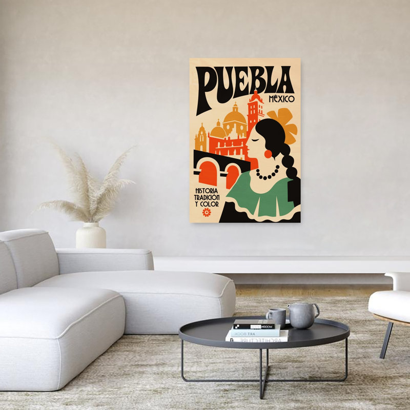 Retro Puebla Mexico Travel Colorful Retro Traditional Architecture City Wall Art Print 1 Piece Wrapped Canvas Wall Art