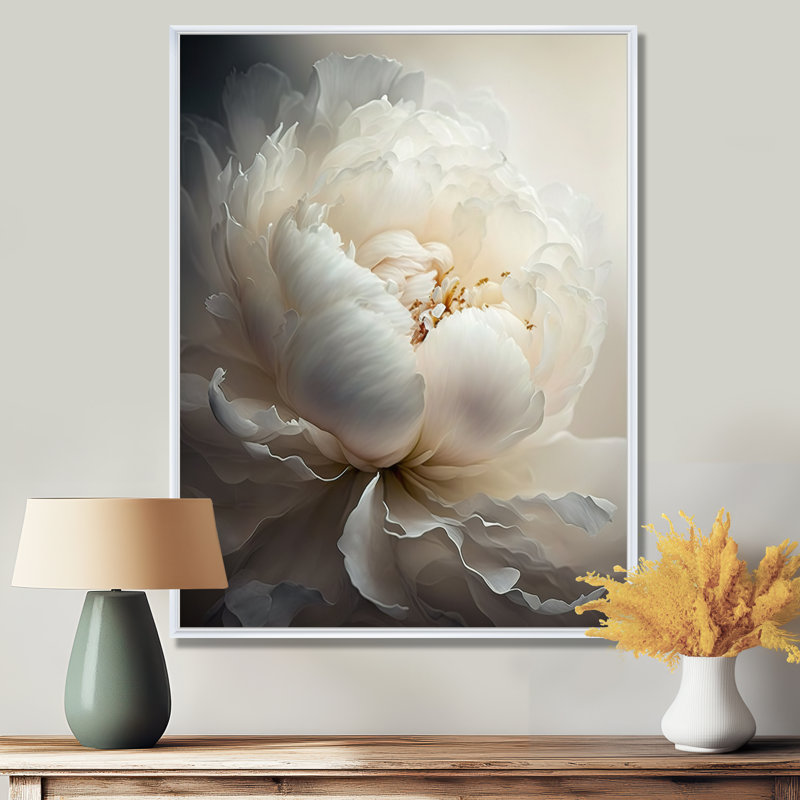 Peony Flower VII - Print on Canvas, 32" H x 16" W, White Floater Framed