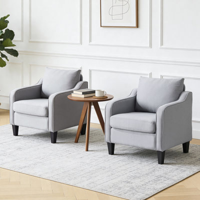 Gray Mid-Century Modern Accent Chair Set Of 2, Linen Upholstered Armchair With Scooped Arms For Living Room & Bedroom