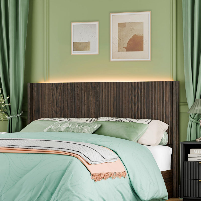 Queen Size Headboard Modern Fluted Wall-Mounted Head Board With Lighting, Queen, Brown