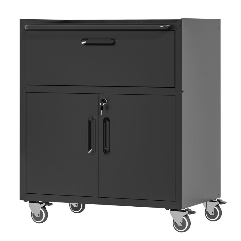 Armoire à outils en métal robuste et durable pour le garage avec roues - Armoire de rangement mobile robuste avec 1 tiroir et 2 portes verrouillables, armoire de rangement à outils roulante