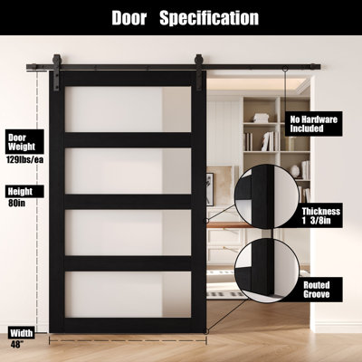 Porte de grange non assemblée et finie en verre à 4 verres de 48 po x 80 po Homacer