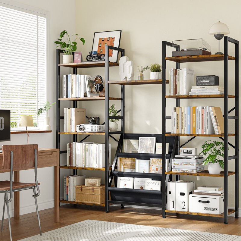 5/6-tier Bookcase With Hanging Fabric Bins, Adjustable Shelves, Storage Unit, 5-Tier, Brown/Black