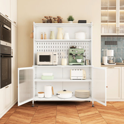 Armoire de salon avec tablettes - blanc, portes en verre et portes de rangement de cuisine réglables, cadre de tablettes