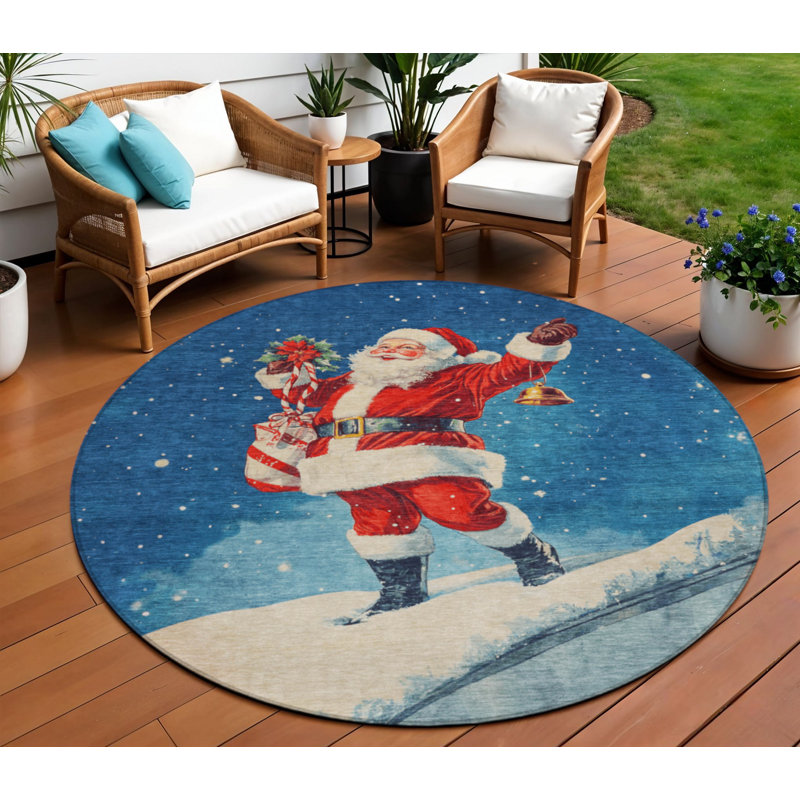 Tapis intérieur/extérieur lavable, 2,4 m (8 pi), bleu, rouge, blanc, vert et or, motif du Père Noël