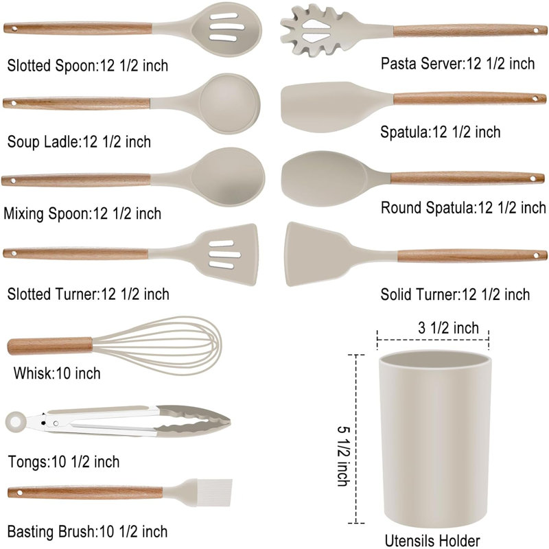 19-Piece Khaki Silicone and Wood Cooking Utensil Set