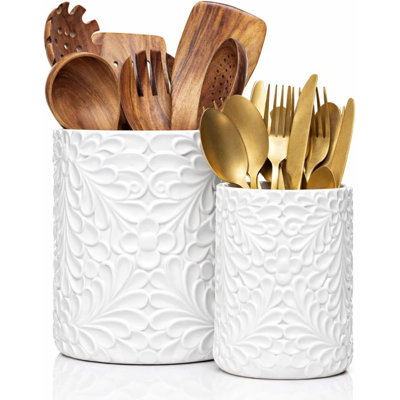 Grand porte-ustensiles en céramique gravé 7,3 "+5,4" pour comptoir, organisateur d'ustensiles de cuisine pour spatule, grand pot à ustensiles pour comptoir de cuisine, ensemble de 2, blanc