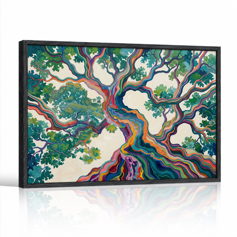 Tableau sur toile représentant des branches d'arbre arc-en-ciel multicolores et des feuilles vertes, 32"H x 48"W