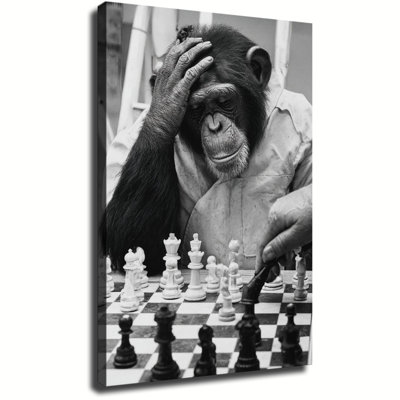 Black And White Thoughtful Chimpanzee Playing Chess Photograph Art, Large Gallery Wrapped Canvas Wall Art Print For Living Room Bedroom