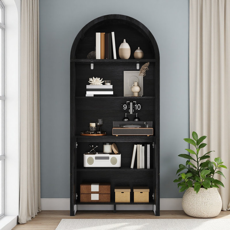 Bibliothèque 71 po de hauteur avec dessus arqué et armoire de rangement, Noir