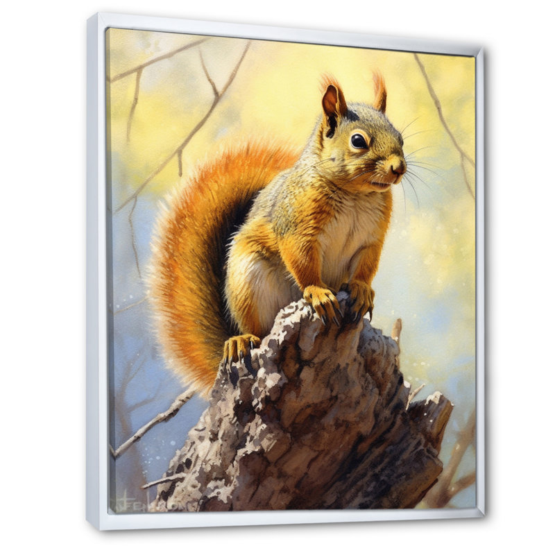 Écureuil vif sur toile, Cadre flottant blanc, H 32 po x l 16 po x P 1 po