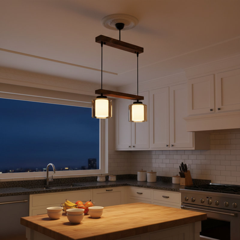 Luminaire suspendu linéaire pour îlot de cuisine 2 lumières Rowan, Noyer