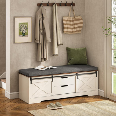 60“ Farmhouse Storage Bench With Cushion, Shoe Rack With Slide Barn Doors, Adjustable Shelf And 2 Drawer For Entry, Bedroom, Living Room, Hallway, White Brown