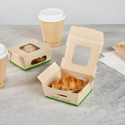 Restaurantware-Sustain 12 Ounce Sturdy Paper Take Out Boxes, 200 Disposable Take Out Food Containers - With PLA lining, Two Clear PLA Windows, Bamboo Paper Containers, Compostable, Greaseproof