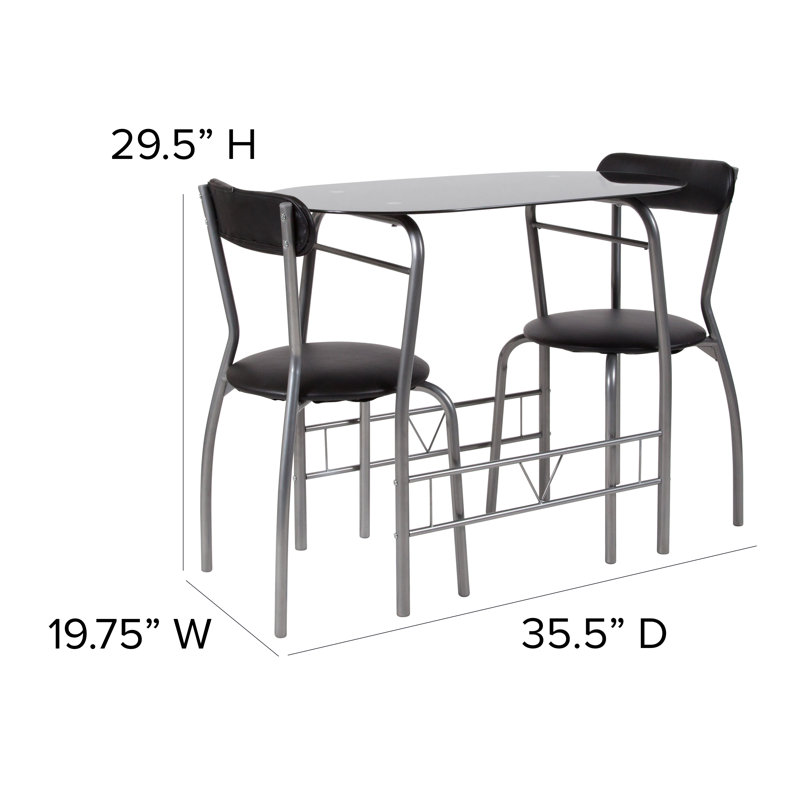 3 Piece Space-Saver Bistro Set with Glass Top Table and Vinyl Padded Chairs, Balck