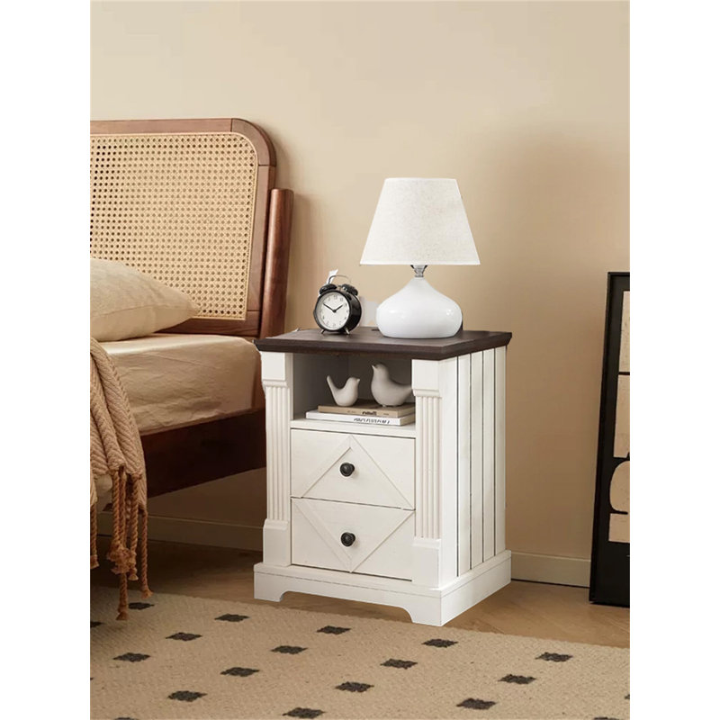 Vintage Nightstand With Charging Station – 18" Roman Column Side Table With 2 Drawers, Rustic Wood Bedside Cabinet, White