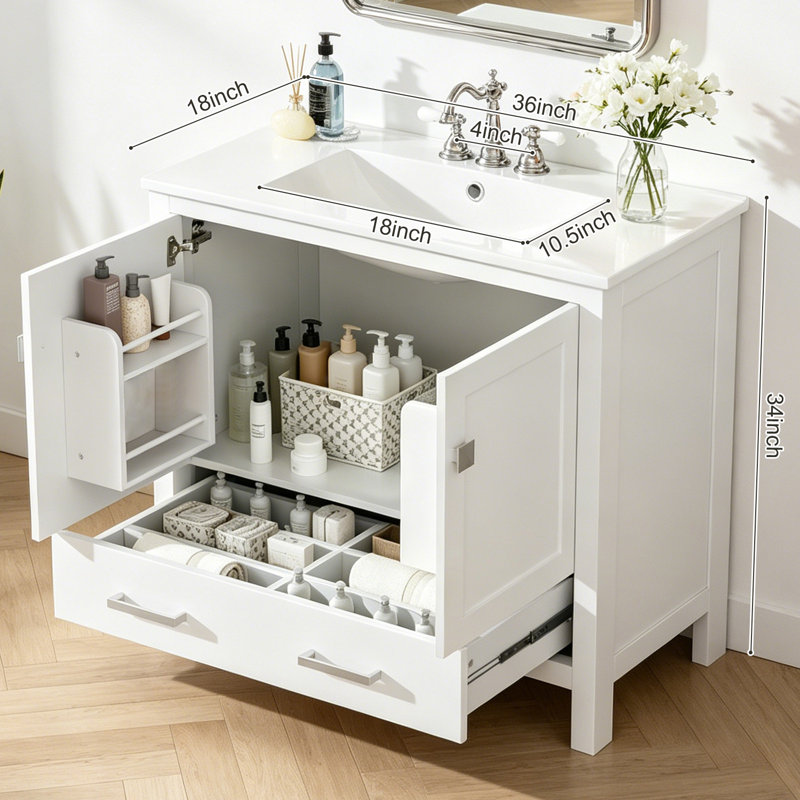 Ensemble de meuble-lavabo sur pied 36 po avec lavabo intégré et rangement 36 po Modern White, Blanc