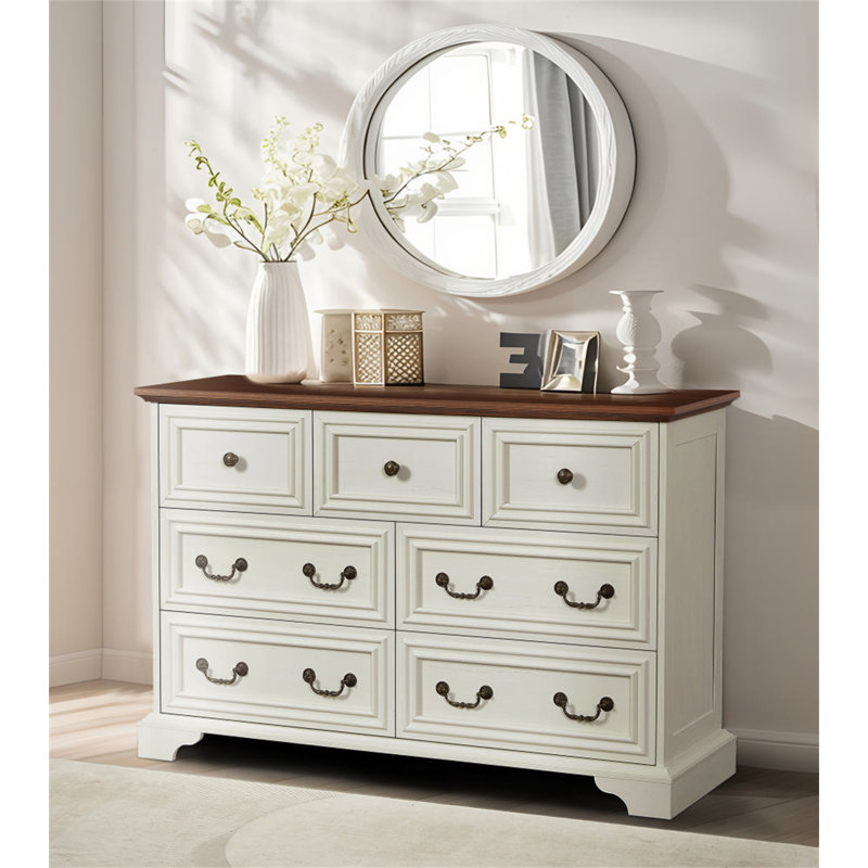 Commode 7 tiroirs Farmhouse, Brun antique / blanc