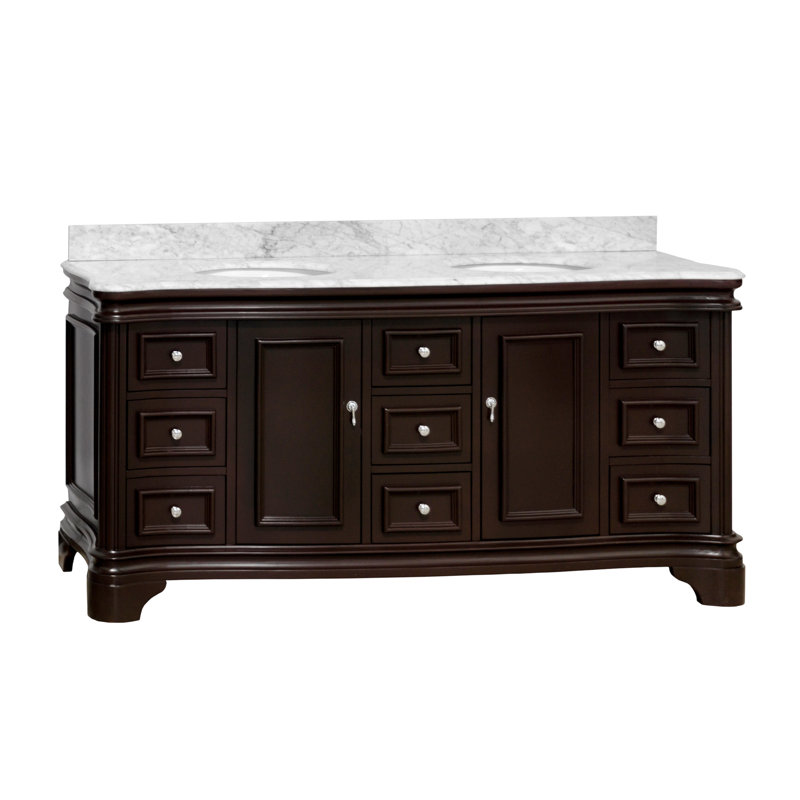 Ensemble de meuble-lavabo double 72 po avec meuble chocolat et comptoir en marbre de Carrare Twain, Marbre de Carrare