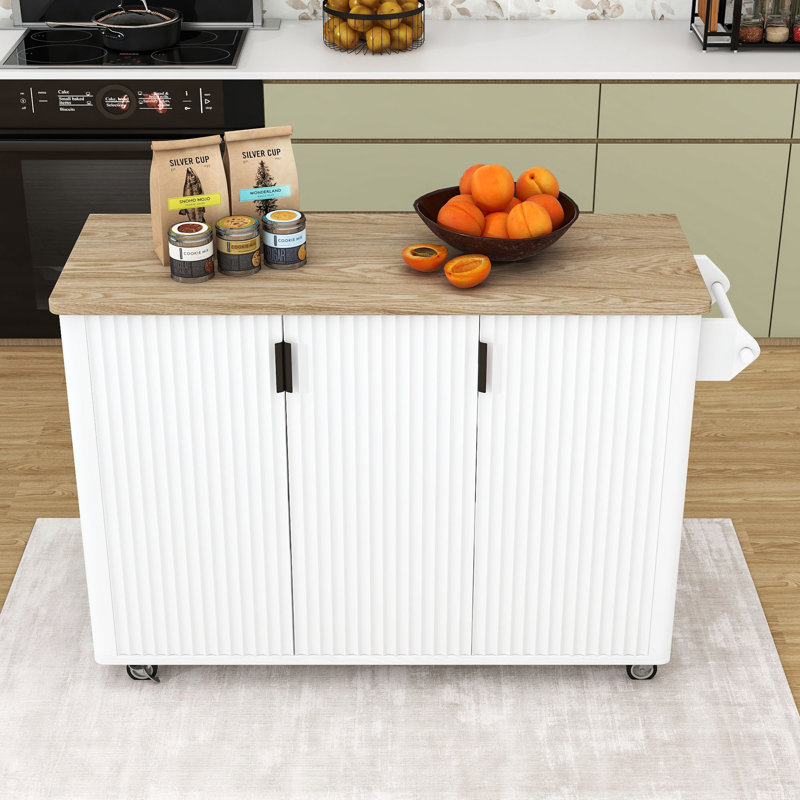 Kitchen Island Cart on Wheels with Drop Leaf, Towel Rack and Adjustable Shelves, White Ash