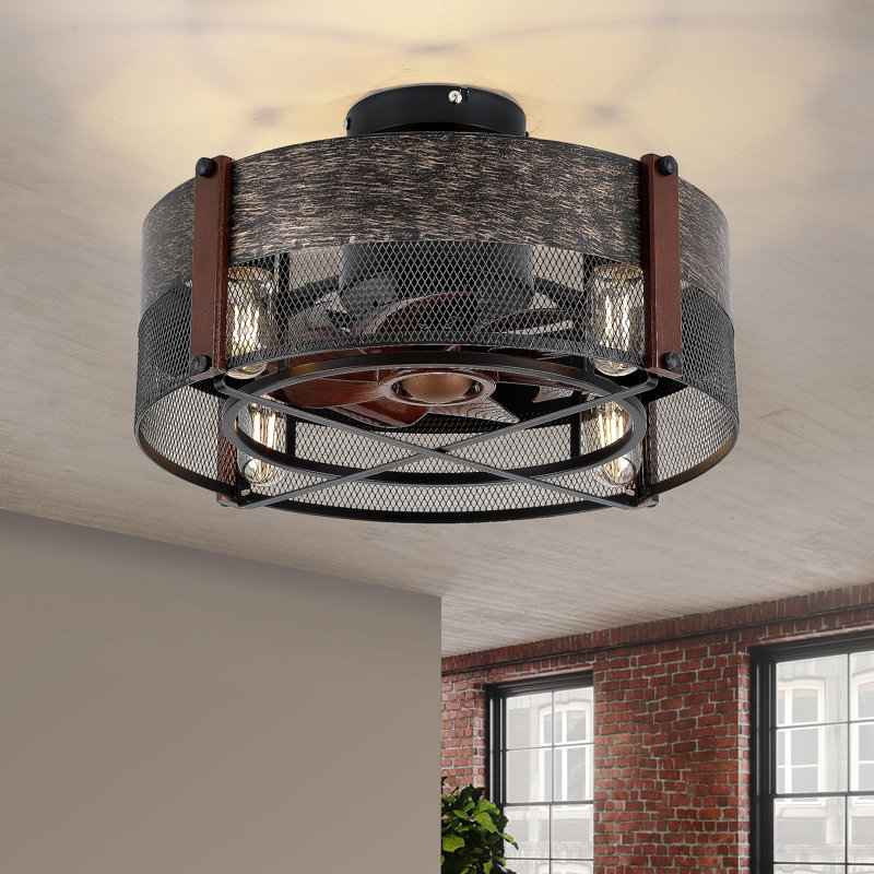 Industrial Black Iron Caged Ceiling Fan with Remote and Lighting