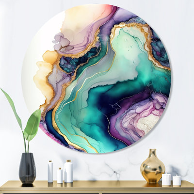 «Green Green Abstract Geode», art mural rond en marbre abstrait sur métal