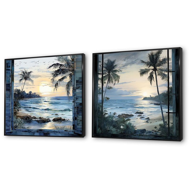 Tranquility Beach Windows Horizon I - ensemble de 2 reproductions d'art côtières, Cadre noir, H 16 po x l 33 po x P 1 po