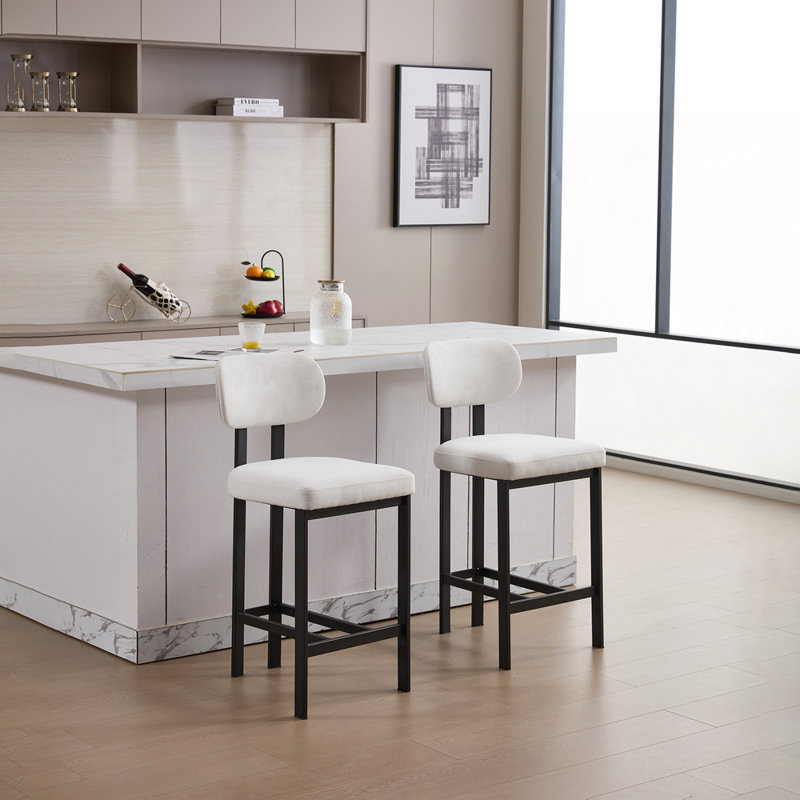 Set of 2 Upholstered Bar Stools with Sturdy Metal Legs for Various Spaces, Cream