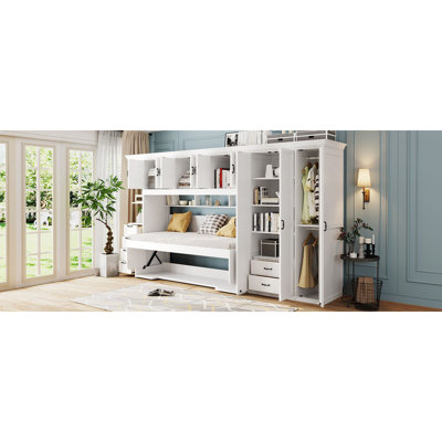 Lit escamotable simple avec armoire, bureau et bureau, blanc