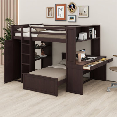 Lit superposé avec lit autonome, tablettes, bureau et garde-robe