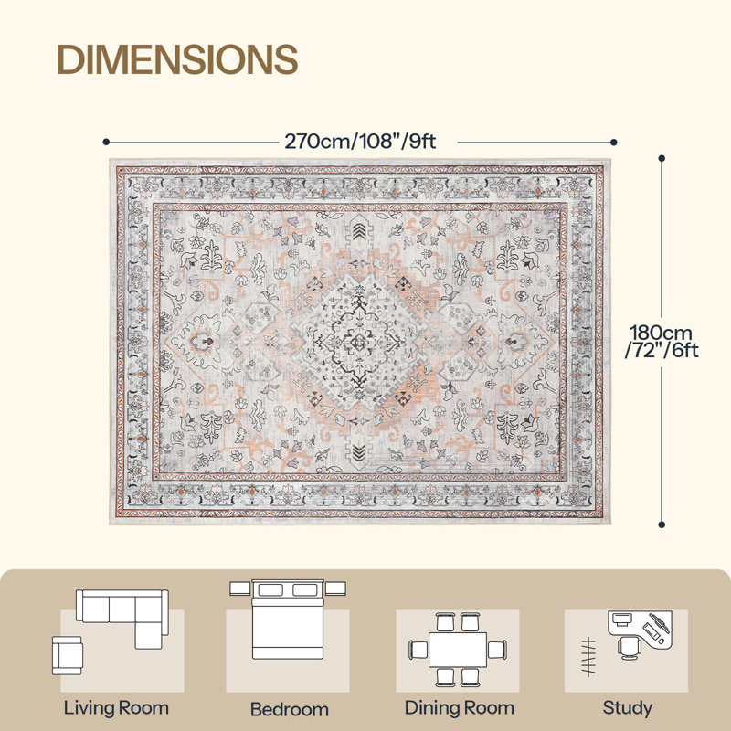 Area Rug, Machine Washable, with Non-Slip TPR Rubber Backing, Rectangle 6' x 9'